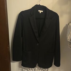 Blazer, knit, unlined, single button, patch pockets, blacj